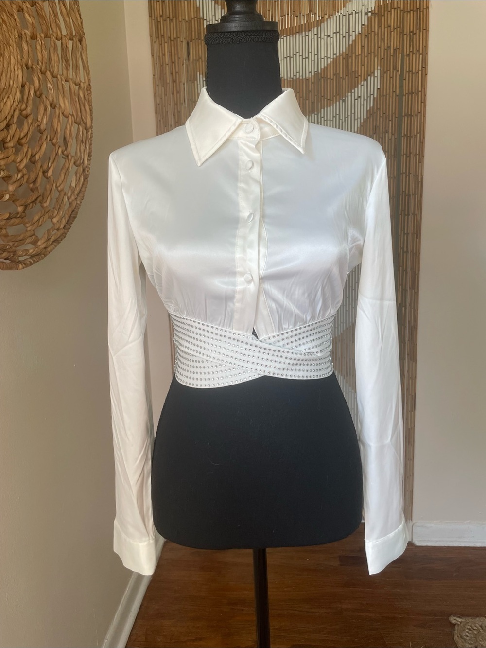 Akira Cropped White Satin Button-Up Top with Waist Detail